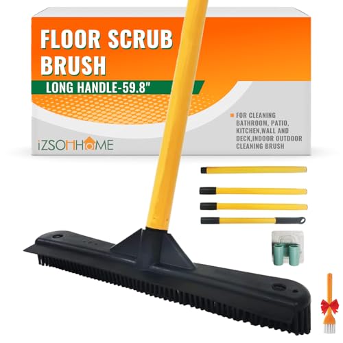 Push Broom,Pet Hair Removal Broom with Squeegee,Soft Silicone Bristle Broom with Long Handle,Non Scratch Carpet Sweeper Brush for Cat Dog Hair Hardwood(Orange) Extra Long for Tall People - color: Orange