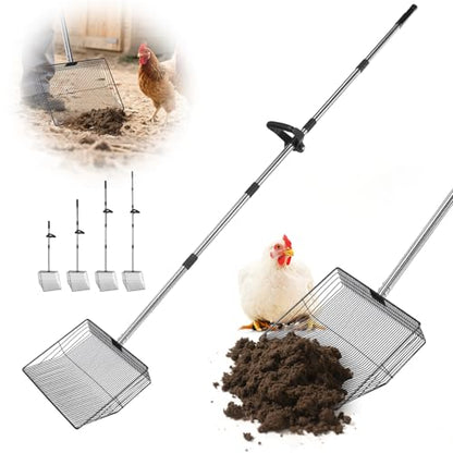 15inch Large Chicken Poop Scooper with Ergonomic Grip, 5 in 1 Adjustable Chicken Coop Pooper Shovel (24 to 76.5"), Stainless Steel Litter Sifting Shovel Scoop for Chicken Coop/Goat Stall/Stable