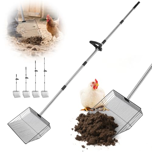 15inch Large Chicken Poop Scooper with Ergonomic Grip, 5 in 1 Adjustable Chicken Coop Pooper Shovel (24 to 76.5"), Stainless Steel Litter Sifting Shovel Scoop for Chicken Coop/Goat Stall/Stable