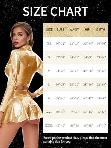 Kepblom Women's Metallic Crop Top Long Sleeve Mock Neck Turtleneck Holographic Zip Up Blouses - color: Gold, size: X-Large