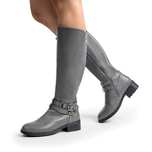 DREAM PAIRS Women's Knee High Boots, Buckle Riding Boots - color: Grey, size: 6.5