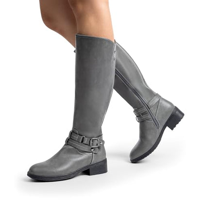 DREAM PAIRS Women's Knee High Boots, Buckle Riding Boots - color: Grey, size: 7