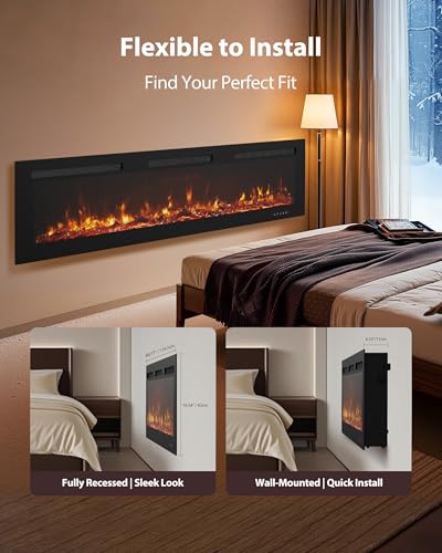 EUHOMY 72 Inch Electric Fireplace Wall Recessed and Wall Mounted with Adjustable Flame Color, Fireplace Heater with Remote Control, Linear Fireplace with Timer, Touch Screen, Log & Crystal, 750/1500W - size: 72 Inch