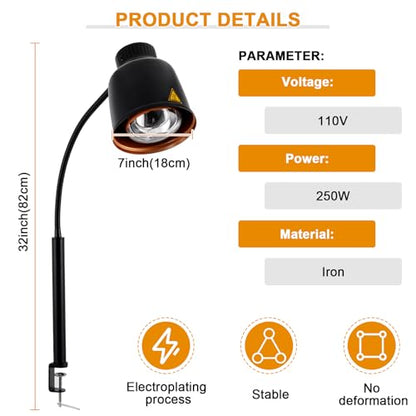 Portable Food Heat Lamp with Fixture Base 250w Bulb for Food Restaurant Or Home Kitchen Food Heating Lamp Warmer
