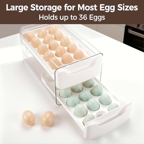 36-Egg-Holder for Fridge, Egg-Storage for Refrigerator Countertop, 2 Tier Dispenser with Drawer, Stackable Clear Egg Tray Container, Egg Organizer, Fits Large Eggs, White - size: 2 Tier-White