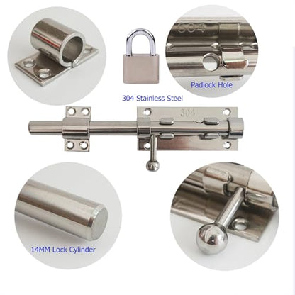 8 Inch Thick Slide Barrel Door Bolt Latch Heavy Duty Gate Lock,Slide Bolt Latch, 304 Stainless Steel Bolt Lock with Padlock Hole, Shed Door Latch for Wooden Fence - Silver - size: 8 Inch - Silver