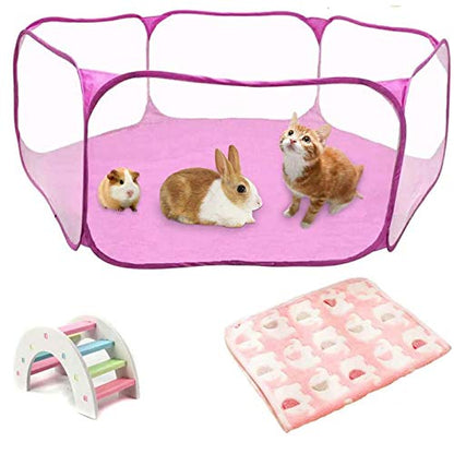 Hamster Playpen with Mat, Large - Foldable Exercise Playpen, Breathable and Transparent Pet Cage Fence Indoor/Outdoor for Guinea Pigs Small Animal Gerbils Chinchillas Hedgehogs Rats - color: Pink