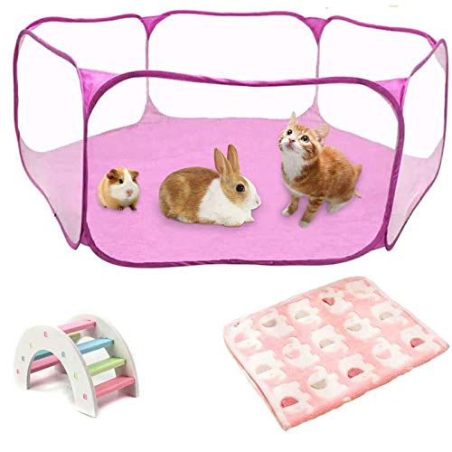 Hamster Playpen with Mat, Large - Foldable Exercise Playpen, Breathable and Transparent Pet Cage Fence Indoor/Outdoor for Guinea Pigs Small Animal Gerbils Chinchillas Hedgehogs Rats - color: Pink