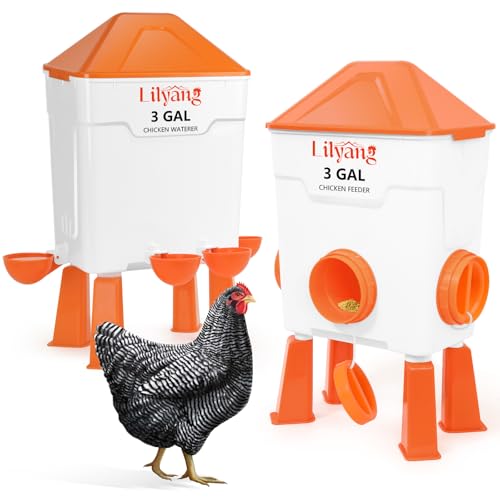 Lilyang Chicken Feeder and Waterer Set 3 Gallon, Automatic No-Waste Feeder, Large Poultry Waterer with 2.75'' Cups, Standing or Hanging Use, Feed Chickens & Ducks - color: Tangerine