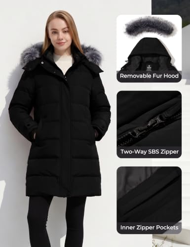 wantdo Women's Long Quilted Winter Coat Thicken Puffer Jacket with Faux Fur Hood - color: Black, size: Medium