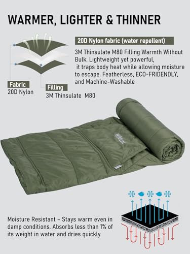 WildCall Hooded Camping Blanket with 3M Thinsulate Insulation Wearable Poncho Blanket Ultralight Foldable Quilt Sleeping Bag for Outdoor, Hiking, Stadium - color: Green