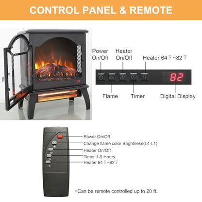 18" Electric Fireplace Stove, Freestanding Fireplaces Heater with Realistic Flame, Remote, Timer, Adjustable Brightness, Thermostat, 1500W, Black - size: 18" (Dynamic Flames)