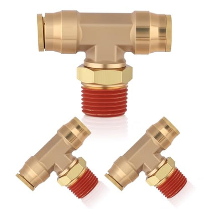 1/2" Brass Push to Connect Fittings 3PCS, 1/2" OD Tube x 1/2" NPT Thread Tee Union DOT Air Fittings Air Brake Line Fittings Brake Connector for Truck Trailers Industry Air System - size: 1/2" OD & 1/2" NPT, style: NPT Tee