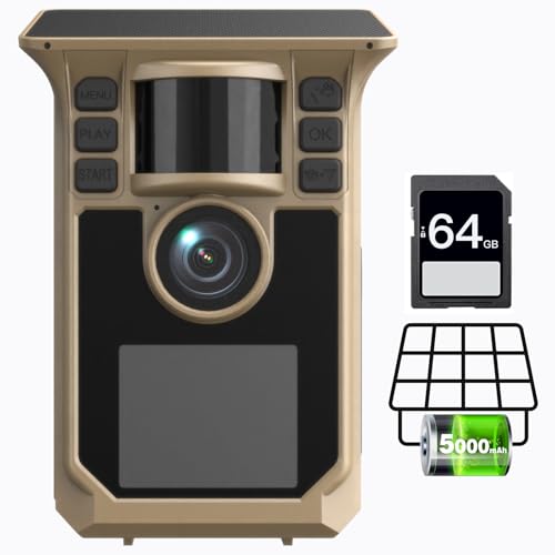 Trail Camera 4K 64MP Solar Game Camera with 5000mAh Forever Power, 64GB Memory Card and Ip67 Waterproof Angle Night Vision for Wildlife Deer Outdoor Trail Cam, Monitoring Trail Cameras - color: Brown