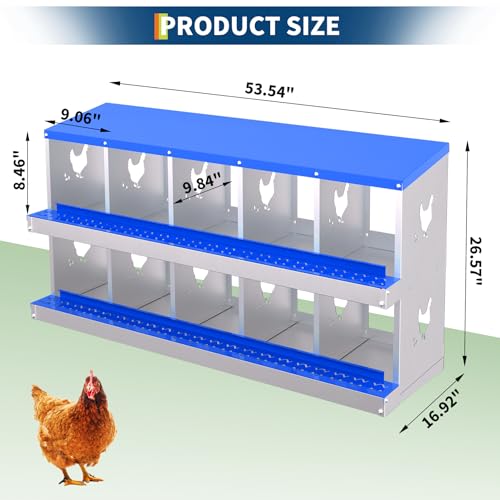 Chicken Nesting Box,10 Compartments Galvanized Steel Metal Chicken Laying Box with Roll Out Egg Collection,Wall Mount Chicken Nesting Boxes,Easy Egg Collection, Hen Roosting Boxes - color: Blue, size: 10 Holes