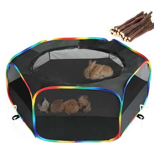 Small Animal Playpen, Chick Brooder Box, Guinea Pig Hamster Indoor Playpens & Outdoor Pet Cage Tent with Cover Top, for Kitten/Ferret/Hedgehog/Rabbit/Duckling, Black & Rainbow