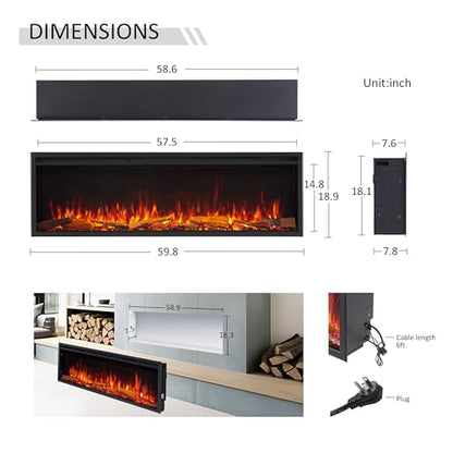 LegendFlame 60" W Smart Wall Mount & in Wall Recessed Electric Fireplace Insert, Heater 750W/1500W, Multi Colors of Flame & Fuel Bed, Alexa/Google Assistant Enabled - size: 60" DEEP