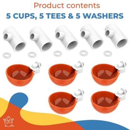 Lil'Clucker PVC Waterer Cups and Nesting Set - 5 Large Automatic Chicken Waterer Cups with 1/2" PVC Tee Fittings – Orange | 4 Washable Chicken Nesting Pads for Laying Eggs, Gray Nest Box Pads