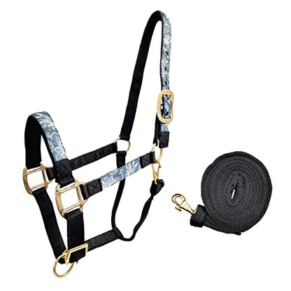 Tahoe Tack Patterned Nylon Adjustable Horse Halters with Padded Noseband and Matching 10’ Soft Grip Lead Rope with one Year Warranty - color: Paisley and Charcoal
