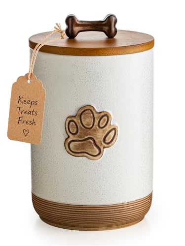 Miamolo Dog Treat Container, Airtight Dog Food Storage Container with Lid and Handle, Ceramic Pet Food Storage Jar for Kitchen Counter Farmhouse Dog Biscuit Jar, Dog Lovers Gift, Paw Glinting White - color: Paw Glinting White