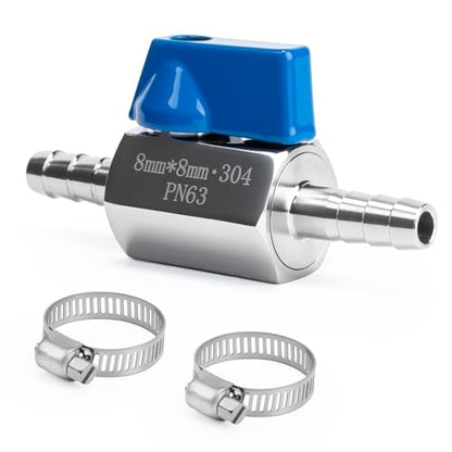 5/16" Hose ID Barb Ball Valve, 304 Stainless Steel Dual 8mm Barb Mini Heater Hose Shut Off Valve with Clamps for Fuel, Gas & Water Lines - size: 5/16 Inch