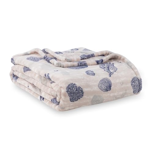 Berkshire Blanket-Classic Heavyweight Soft Printed VelvetLoft® Plush Blanket, Full/Queen Size Soft Fuzzy Warm Blanket for Couch Sofa Bed, Classic Shells Navy, 90in x 90in - color: Classic Shells Navy, size: Full/Queen