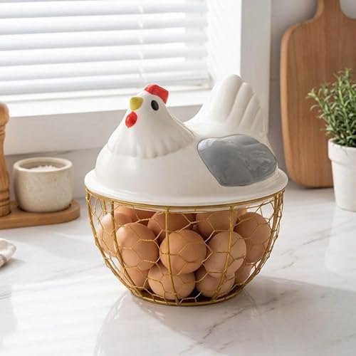 Chicken Egg Basket with Ergonomic Handles Farmhouse Storage Egg Collection Vegetable Fruit Organizer Metal Mesh Suitable for Home Decoration, Gray