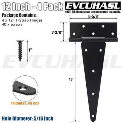 12 Inch T-Strap Gate Hinges, Shed Barn Door Hinges Heavy Duty, Black Tee Hinges for Wooden Fences, Yard Gate, Wrought Hardware Iron Rustproof (4 Pack/Set) - size: 12 Inch