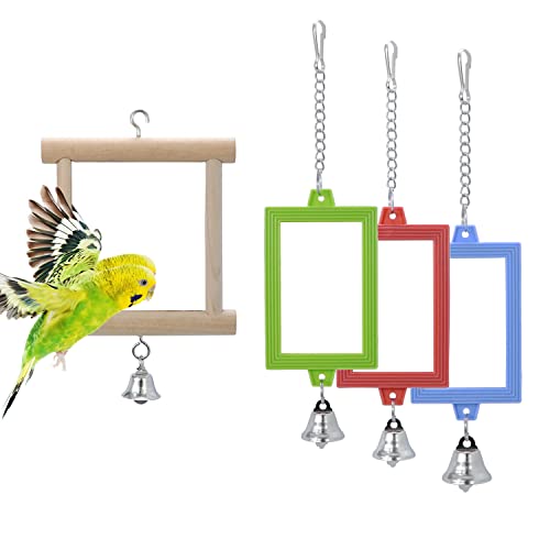 4 PCS Bird Mirror with Bell Parrot Hanging Interactive Playing Toy for Cockatiel Parakeets Canaries Budgie Cage Accessories - color: Multi-colored