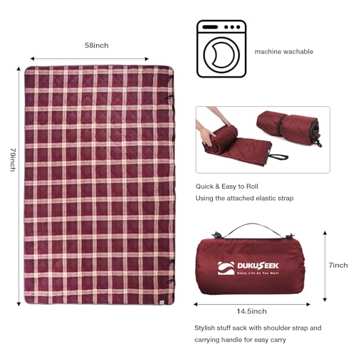 DUKUSEEK Large Waterproof Camping Blanket, Cold Weather Warm Fleece Blankets Windproof Triple Layers for Stadium,Camping, Concerts, Car, Dog - color: Wine Red Outer With Red Plaid Fleece