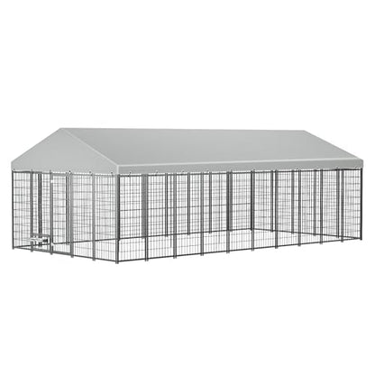 Large Dog Kennel Outdoor with Waterproof Roof Cover 18.9'L X 9.6'W X 6.76'H Metal Dog Run Enclosure Pet Pen Fence with 2 Rotatable Feeders Outside Dog House for Yard Chicken Coop Animals Ventilated