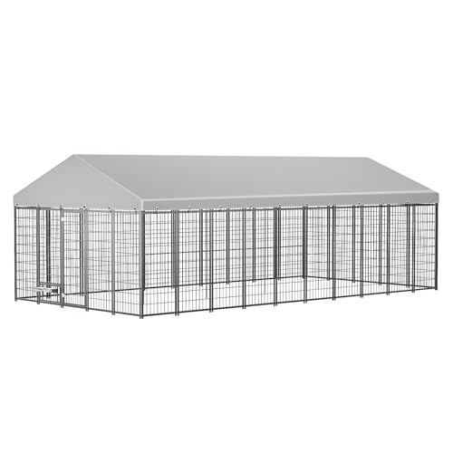 Large Dog Kennel Outdoor with Waterproof Roof Cover 18.9'L X 9.6'W X 6.76'H Metal Dog Run Enclosure Pet Pen Fence with 2 Rotatable Feeders Outside Dog House for Yard Chicken Coop Animals Ventilated