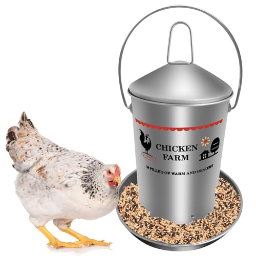 6.6 Lb Stainless Steel Poultry Feeder, Automatic Chicken Feeder No Waste, Hanging Chicken Feeder Heavy Duty Reliable Long-Lasting with Handle, Top Filled - size: 3KG/6.6 LB