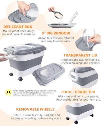 15-23 Lbs Dog Food Storage Container, Collapsible Dog Food Container with Airtight Lid, Wheels, Handle, Large Cat Food Storage Container with Scoop, Dog Bowl for Dog Cat | Dog Food Container with Double Seal & Magnetic Lid,Cat Food Container with Wheels &