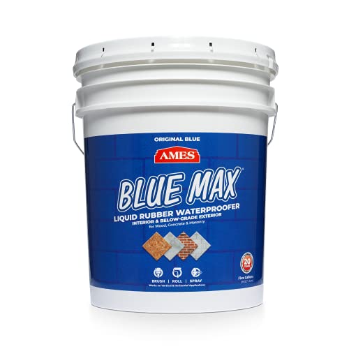 Ames Research Laboratories BMX5RG Blue MAX Waterproofer, Regular Use in Interior & Below-Grade Exterior Concrete Sealer and More. Liquid Rubber, 5 Gallon (Pack of 1), 640 Fl Oz | Ideal for waterproofing above & below grade foundations, basements, roofs, f
