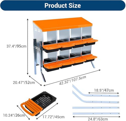 Chicken Nesting Box, 8 Hole 2 Layer Hen Nest Boxes with Legs, Roll-Away Egg Collection System with Ventilation Holes，Rustproof Plastic Tray & Keyhole Mounting, Chicken Laying Box - color: Orange, size: 8 holes with legs