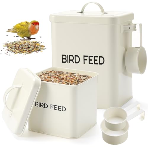 Reallnaive 2 Pcs Metal Bird Seed Container with Scoop, Bird Feed Storage Container with Fitted Lid, Farmhouse Style Ideal Gift for Birds and Pet Owners(White) - color: White