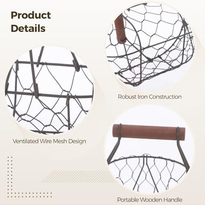 2 Pcs Chicken Wire Egg Baskets, Farmhouse Chicken Egg Collecting Baskets, Rustic Metal torages with Wooden Handle, Small Stackable Holders for Fruits, Vegetables, Sundries