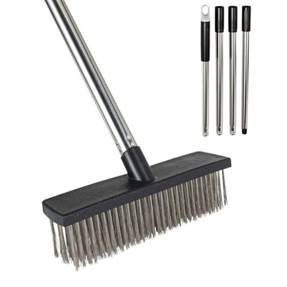 Deck Brush Steel Wire Broom with Long Handle Stiff Scrub Brushes for Cleaning Boat Patio Concrete Moss Remover