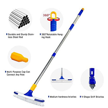 ITTAR Grout & Scrub Brush Combo, Floor Scrubber with Long Handle, Multi-Purpose Stiff Bristles Cleaning Brush Set for Tile, Grout, Deck, Kitchen, Shower Floor (2 Pcs) - color: White & Blue Head
