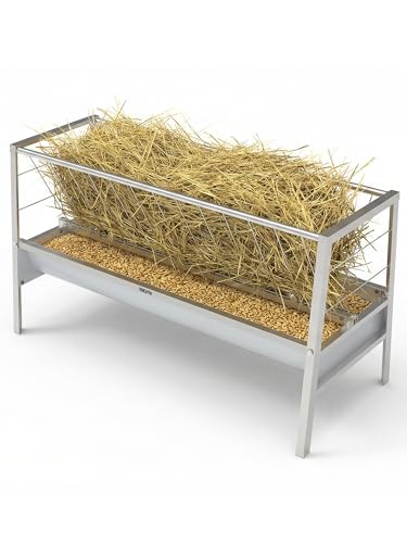 Livestock Feeder, 2-in-1 Hay Feeder and Grain Trough, 90 Gallon Goat Feeder with Waste-Reducing Lower Tray, Heavy Duty Steel Feeder for Goats, Sheep, Horses and Cattle