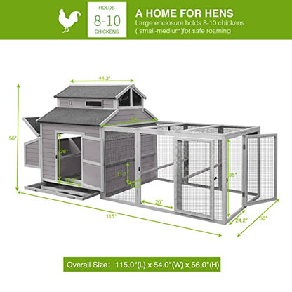 GUTINNEEN Chicken Coop Large Hen House for 8-10 Chickens Wooden Poultry Cage with Run and Nesting Box 115in - color: Grey, size: 115.0"L x 54.0"W x 56.0"H