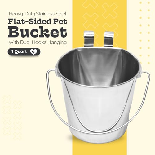 1 quart Stainless Steel Flat Sided Bucket with Dual Hooks | 0.25 gal Durable Food & Water Bowl for Dog Cat Bird & Small Animals | Fits kennel Cage Critter Crate | Hanging Utility Pet Pail - size: 1 Quart