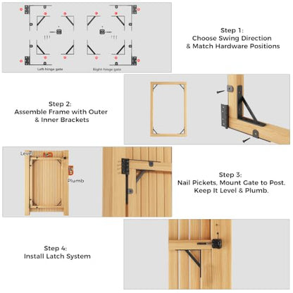 Anti Sag Wooden Gate Hardware Kit, Corner Bracket Frame Brace for Wood Gate with Self-Lock Latch, Heavy Duty for Outdoor Deck Fence Porch Shed Driveway Yard Garden Outside Pool Farm, 2-Pack