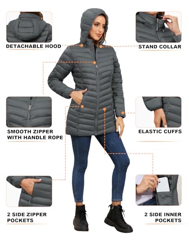 ROYAL MATRIX Women's Packable Puffer Jacket - Lightweight Winter Warm Long Quilted Puffer Coat with Detachable Hood - color: Deep Grey, size: Medium