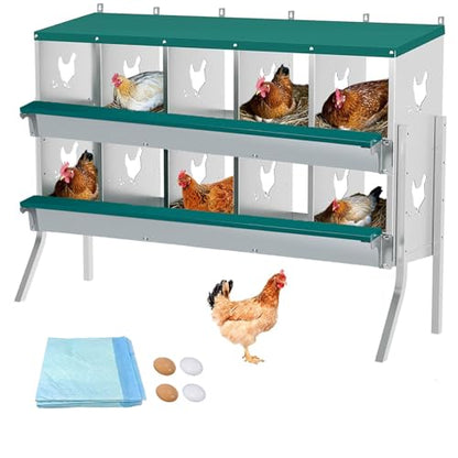 Garvee Large Metal Chicken Nesting Boxes for Hens, 10 Compartment Galvanized Steel Nesting Box with Legs, Includes 4 Fake Eggs & 10 Soft Nest Pads, Wall Mount or Freestanding for Coop & Farm - style: 10 Holes w/ Legs