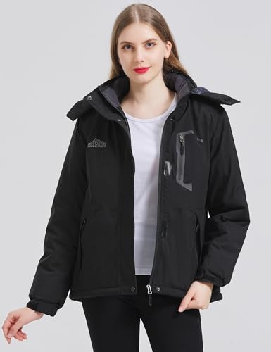 ELLSWOS Womens Winter Coats Waterproof Ski Jacket Warm Snow Jackets Windproof Windbreaker Hooded Raincoat - color: Black, size: Large
