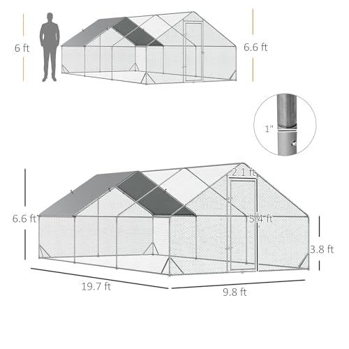 PawHut 9.8' x 19.7' x 6.6' Large Chicken Coop Metal Chicken Run with Waterproof and Anti-UV Cover, Spire Shaped Walk in Fence Cage Hen House for Outdoor and Yard Farm Use, 1" Tube Diameter - size: 118.1"L x 236.2"W x 78.7"H