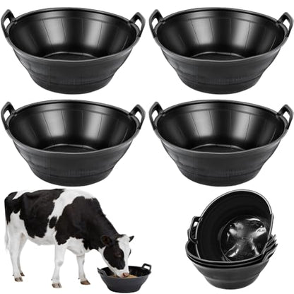 4Pcs Large Rubber Feeder Pan, 3 Gallon Horse Feed Bucket Water Bowl, Heavy Duty Horses Feed Bucket Dog Bowl Horse Feeder Pan for Cats Dogs Goats Chicken Dust Bath Container Farm Animal Feeding