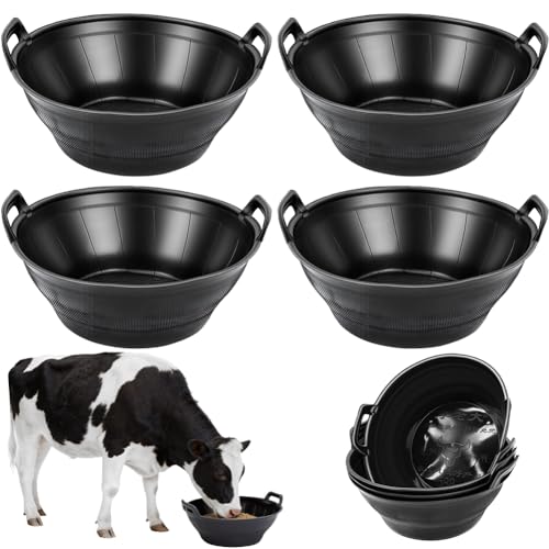 4Pcs Large Rubber Feeder Pan, 3 Gallon Horse Feed Bucket Water Bowl, Heavy Duty Horses Feed Bucket Dog Bowl Horse Feeder Pan for Cats Dogs Goats Chicken Dust Bath Container Farm Animal Feeding